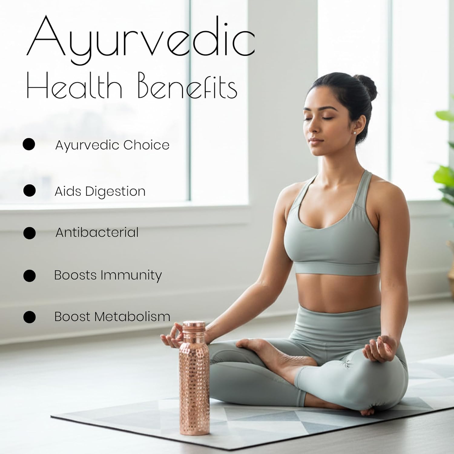 Pure Copper Water Bottle, Hammered Design, 34oz Capacity, Leak-Proof, with Carrying Bag, Straw, Cleaning Brushes for Ayurvedic Health, Hydration, Yoga, Office, Travel