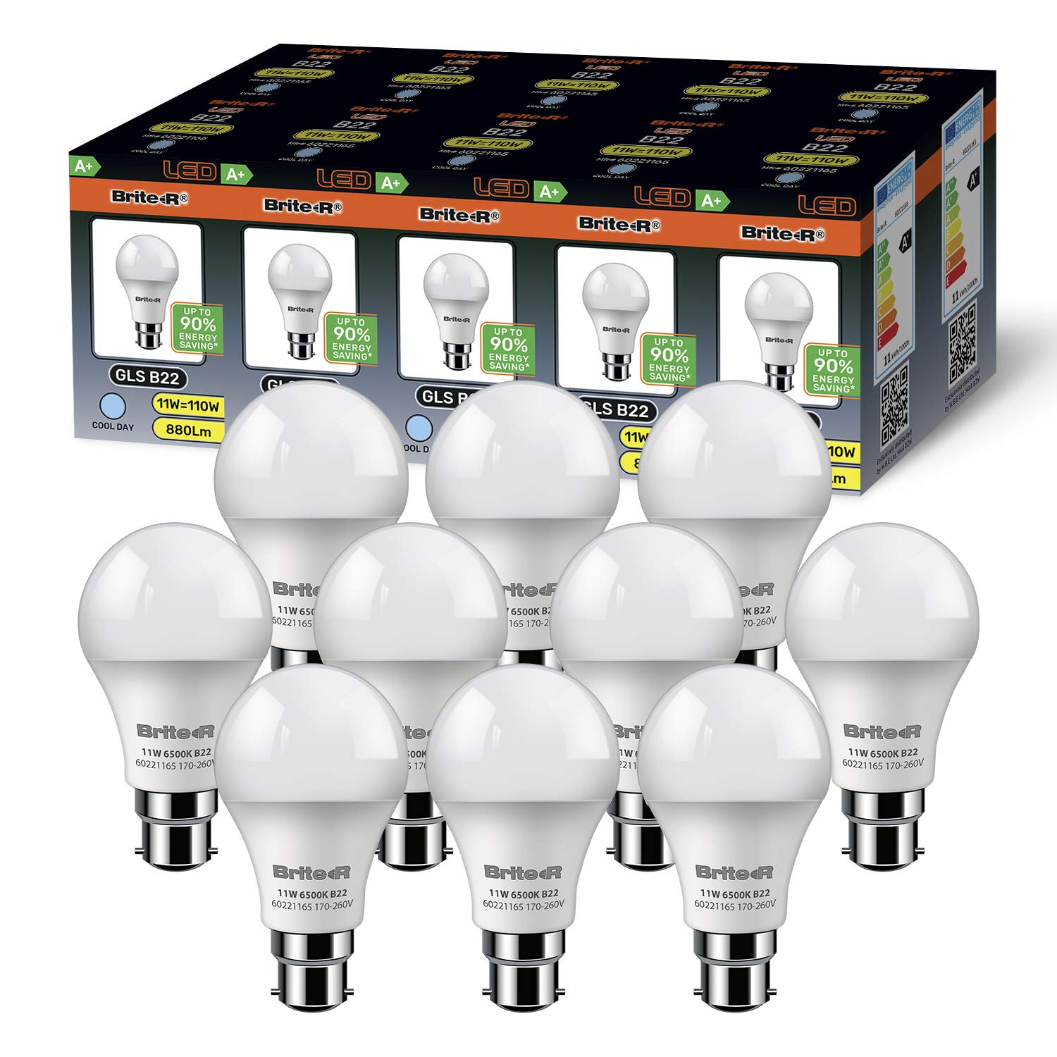 10x B22 BC GLS LED Bulbs 11W Cool White Daylight Brite-R 270° Beam 6500K 880lm 90% Energy Save* 110W Halogen Replacement Lamp AC170-260V WideAngle Frosted Home Office Lighting 2yr Warranty Pack of 10 [Energy Class A+]