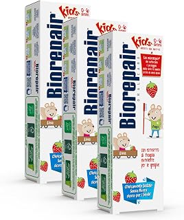 Biorepair ® - Pasta de dientes para niños, 0-6 años, pasta de dientes para niños sin flúor, sabor a frutas, anticaries, para encías sanas, 3 unidades x 50 ml