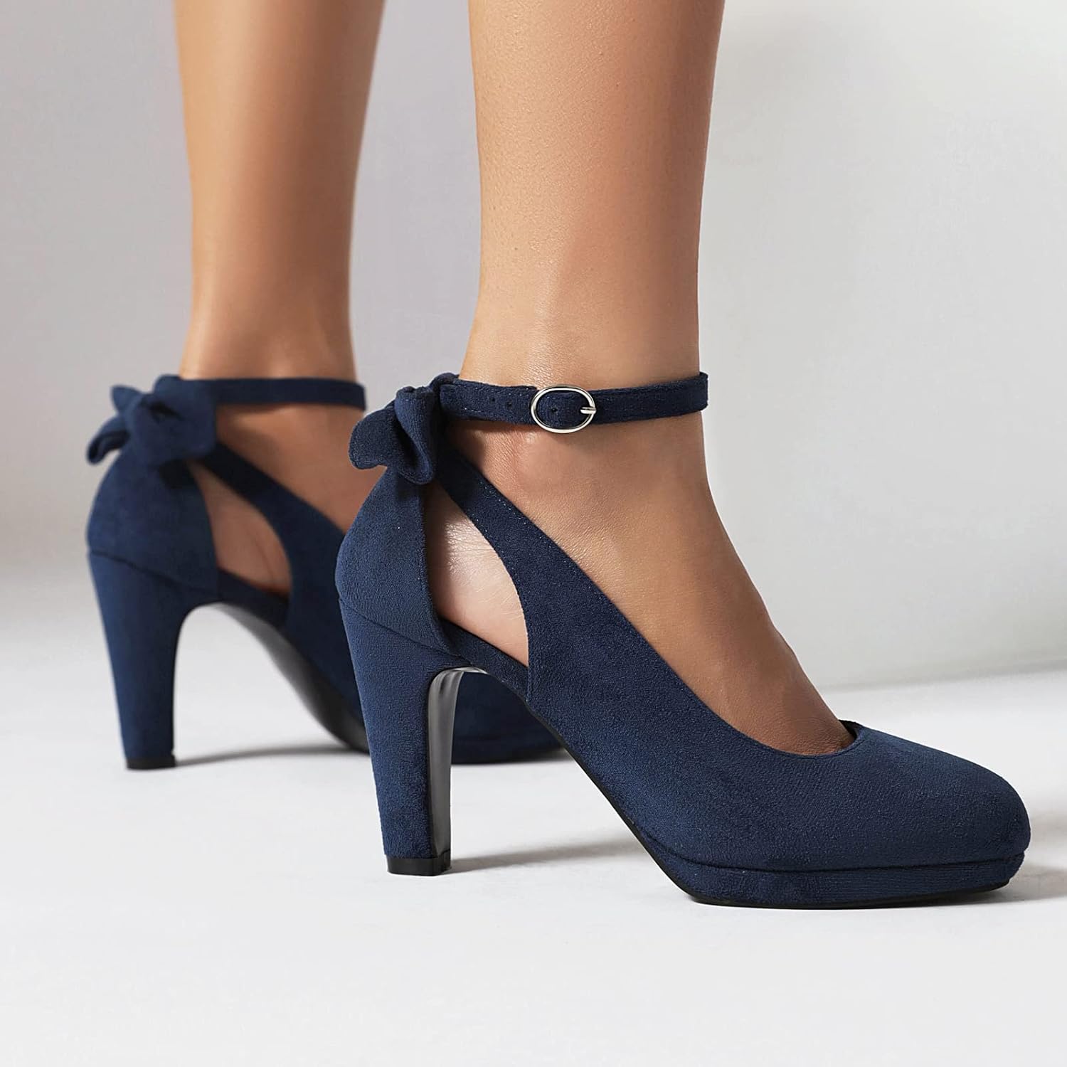 Elerhythm Women's Mary Jane Heels with Bow Retro Closed Round Toe Suede Ankle Strap Pumps Vintage Sweet Office Daily Dress Shoes