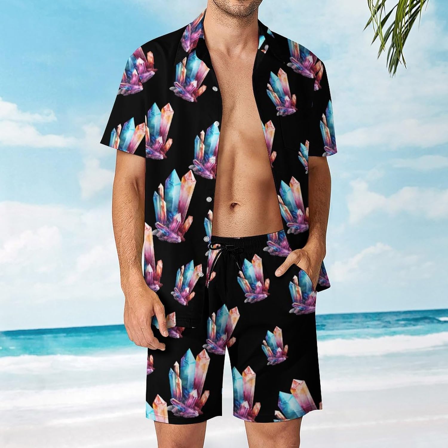 Colorful Crystals Men's Summer Beach Outfits Shirt And Shorts Set 2 Piece Vacation Swimwear