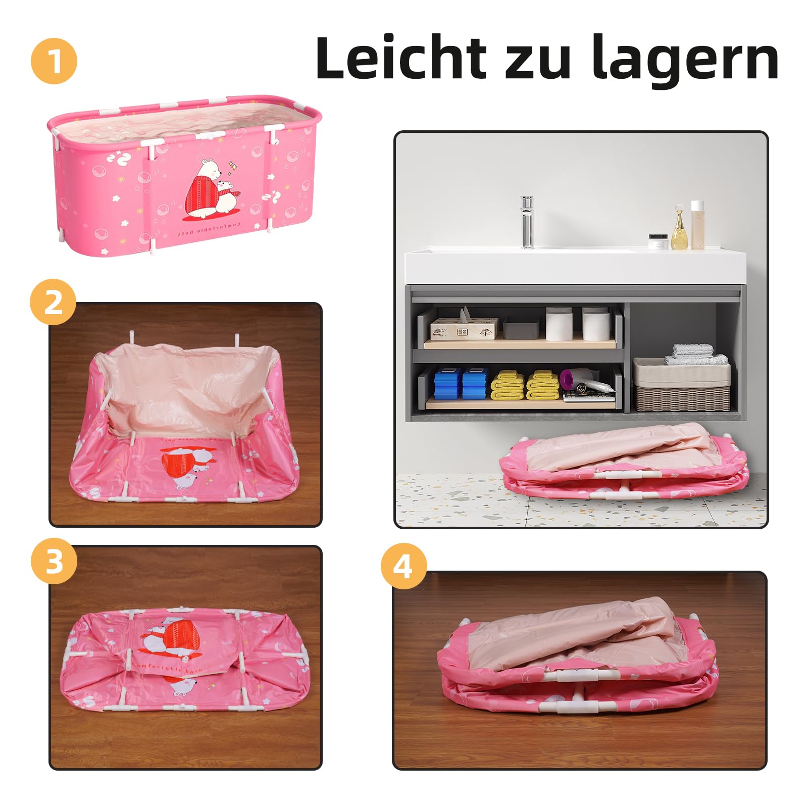 Badewanne Zusammenklappbare Badewanne Ideale Familienbadewanne Gartenpool für Kinder Leicht zu montierender Toilettengurt Geeignet für Erwachsene und Kinder 115x60x50cm (LxBxH) (Rosa Bär)
