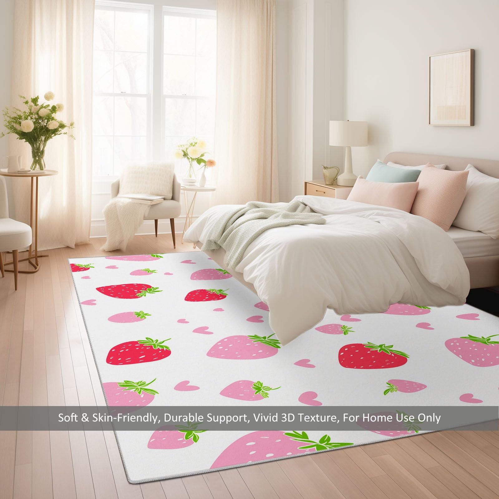 Dywan dziecięcy dla dziewczynek, dzieci, 80 x 150 cm, flanela, można prać w pralce, antypoślizgowy, hipoalergiczny, urocza truskawka, owoce, styl, pokój zabaw, przedszkole, sypialnia
