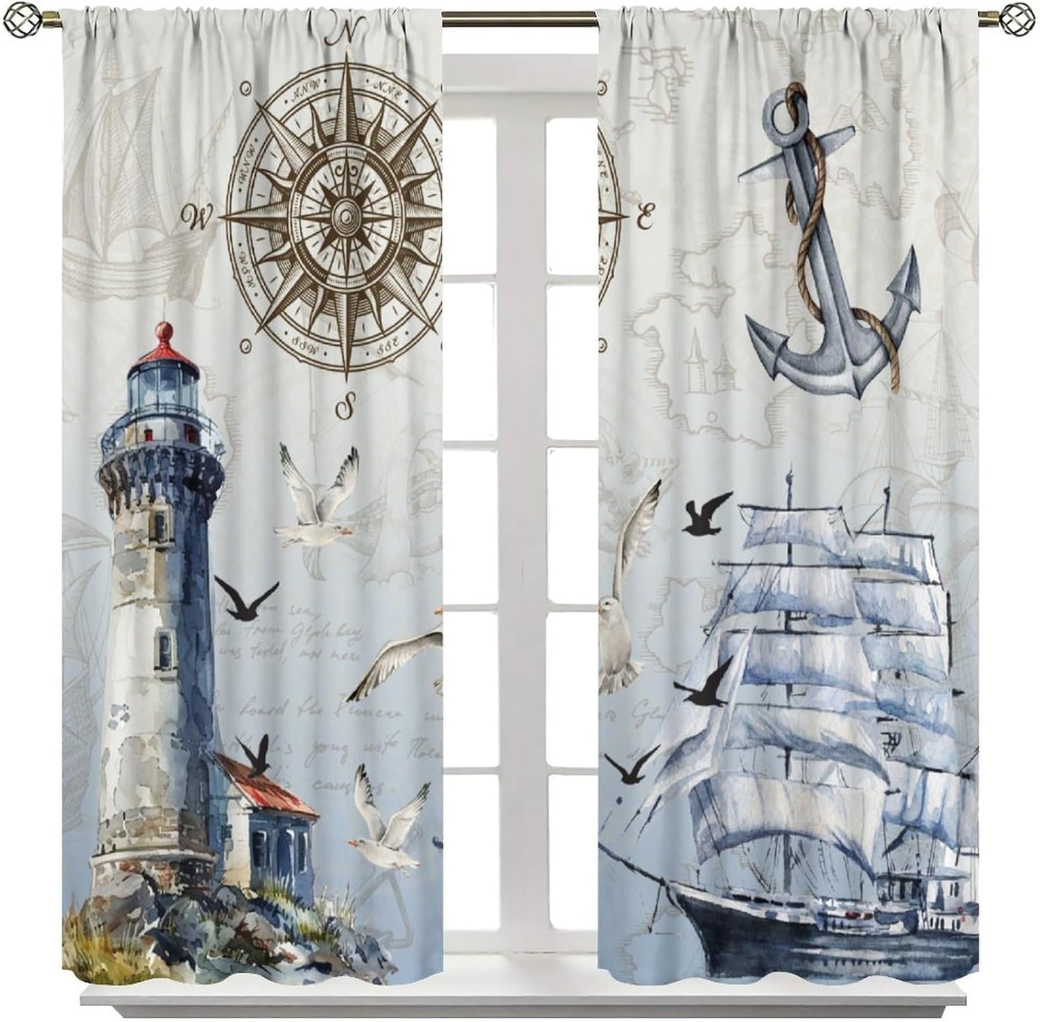Nautical Lighthouse Curtains, Coastal Ocean Beach Vintage Sailboat Old Maps Sea Gulls Blackout Window Curtains for Kids Boys Teens Bedroom Livingroom, 42" W X 63" L