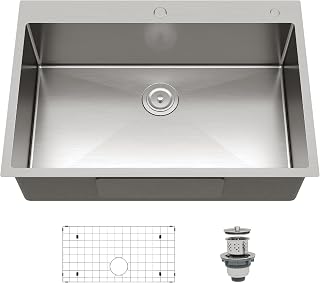 22 Inch Drop-in Kitchen Sink - 22x18 Inch Topmount Single Bowl 16 Gauge T304 Stainless Steel Handmade Deep Basin Kitchen Sink with Bottom Grid and Drain Assembly, Brushed Nickel Commercial Grade