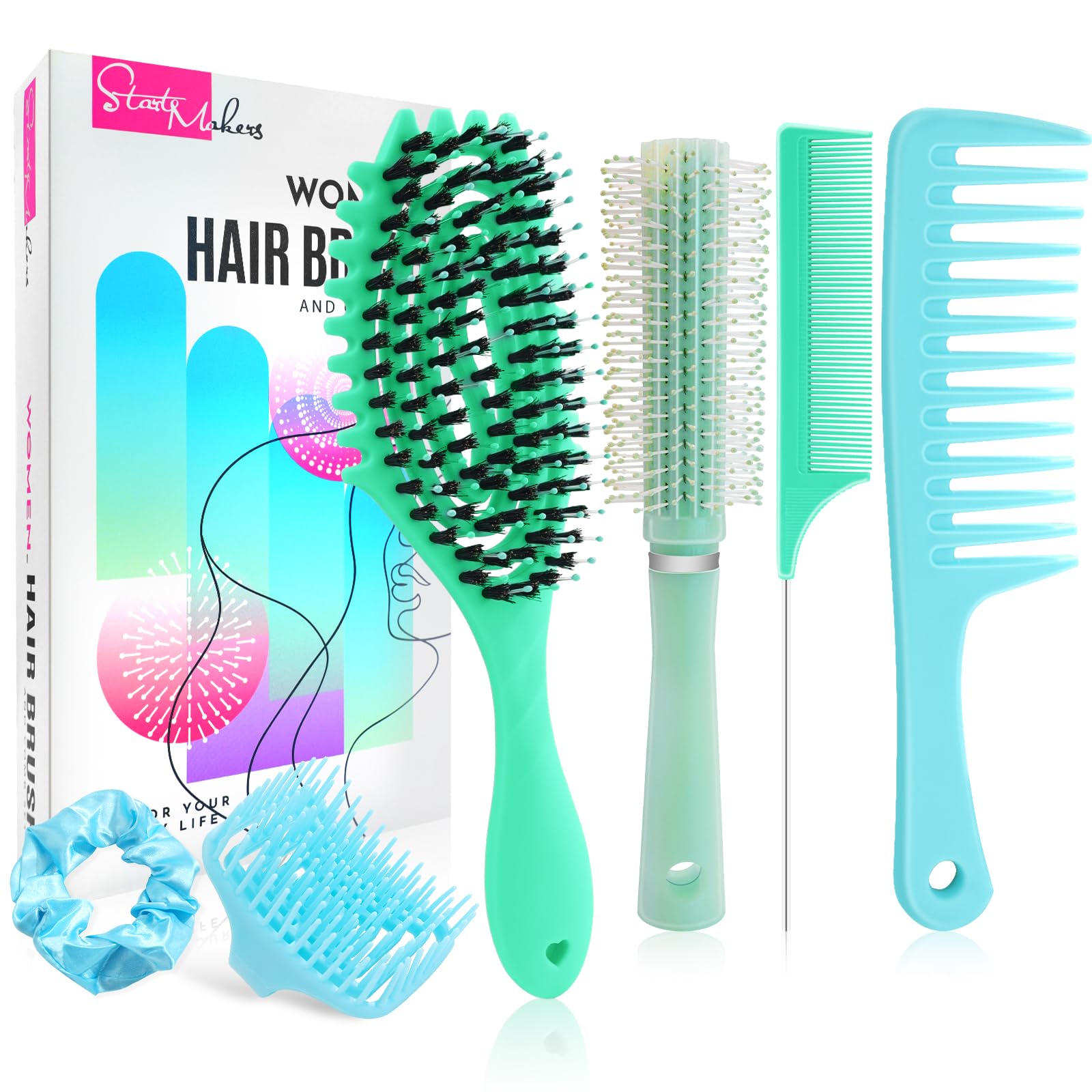START MAKERS 6Pcs Hair Brush Set for Women Girls, Curl Defining Boar Bristle Detangling Hairbrush, Round Brush, Wide-Tooth Comb, Rat Tail Comb, Scalp Shampoo Brush for Curly Wet Dry Hair (Blue)