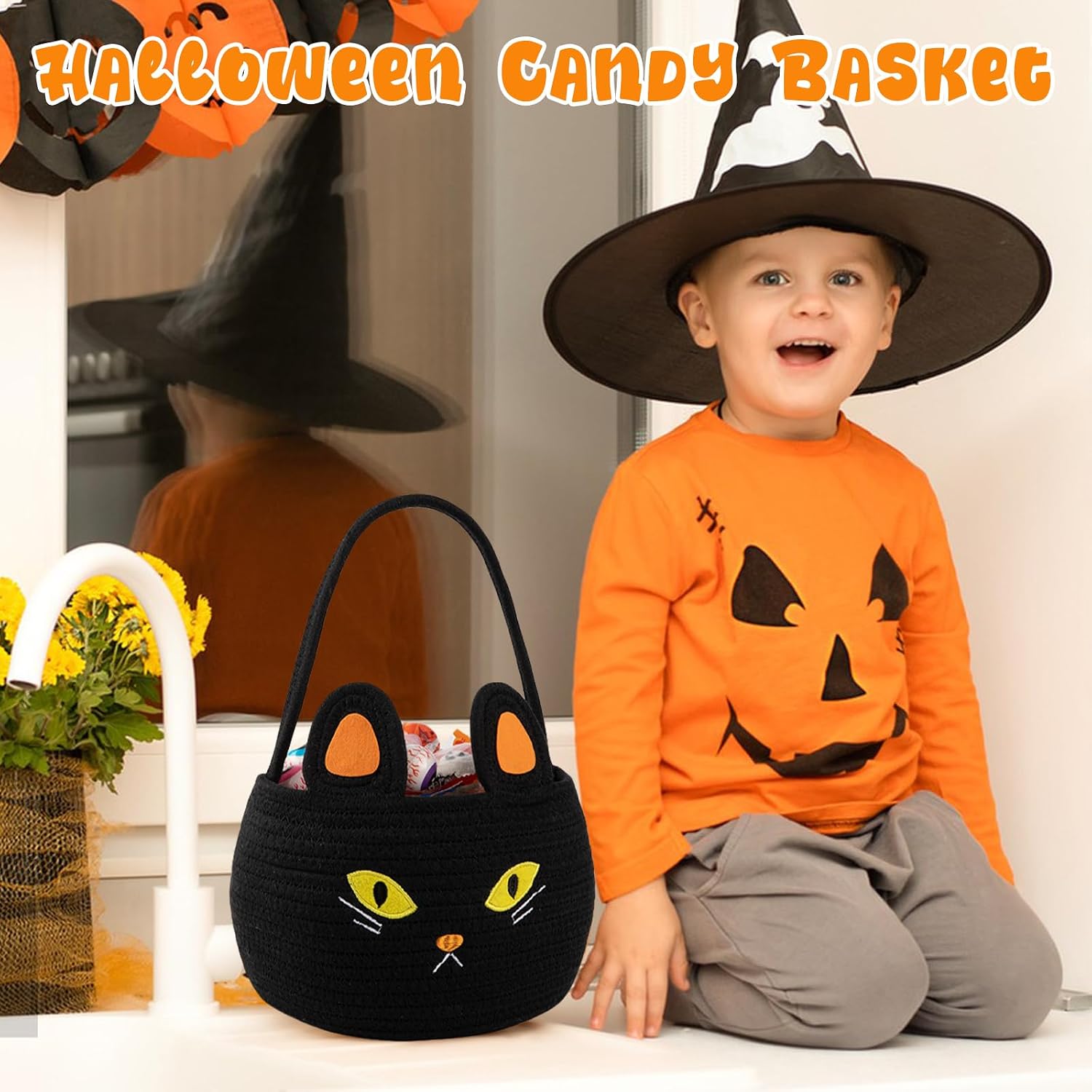 OIASKET Halloween Basket for Kids, Black Baskets with Handle, Trick or Treat Bucket, Small Cat Halloween Decorations, Cute Candy Bucket Halloween Party Favors-Cat Basket