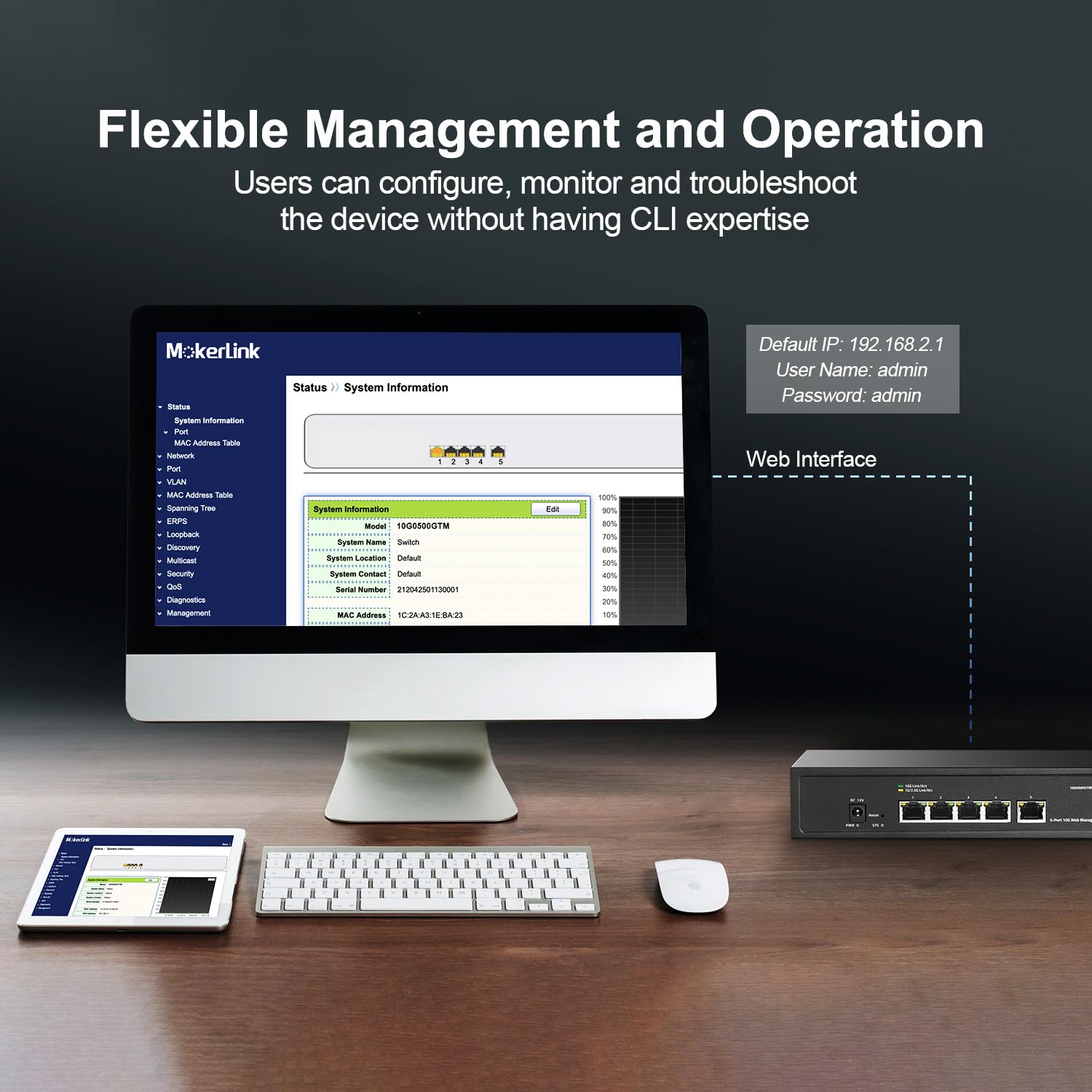 MokerLink 5 Port 10Gbps Managed Switch, 5x10G RJ45 Ethernet Ports, 10G/5G/2.5G/1000M/100Mbps, 100Gbps Bandbreite, Metall L2 Web Managed Netzwerk Switch