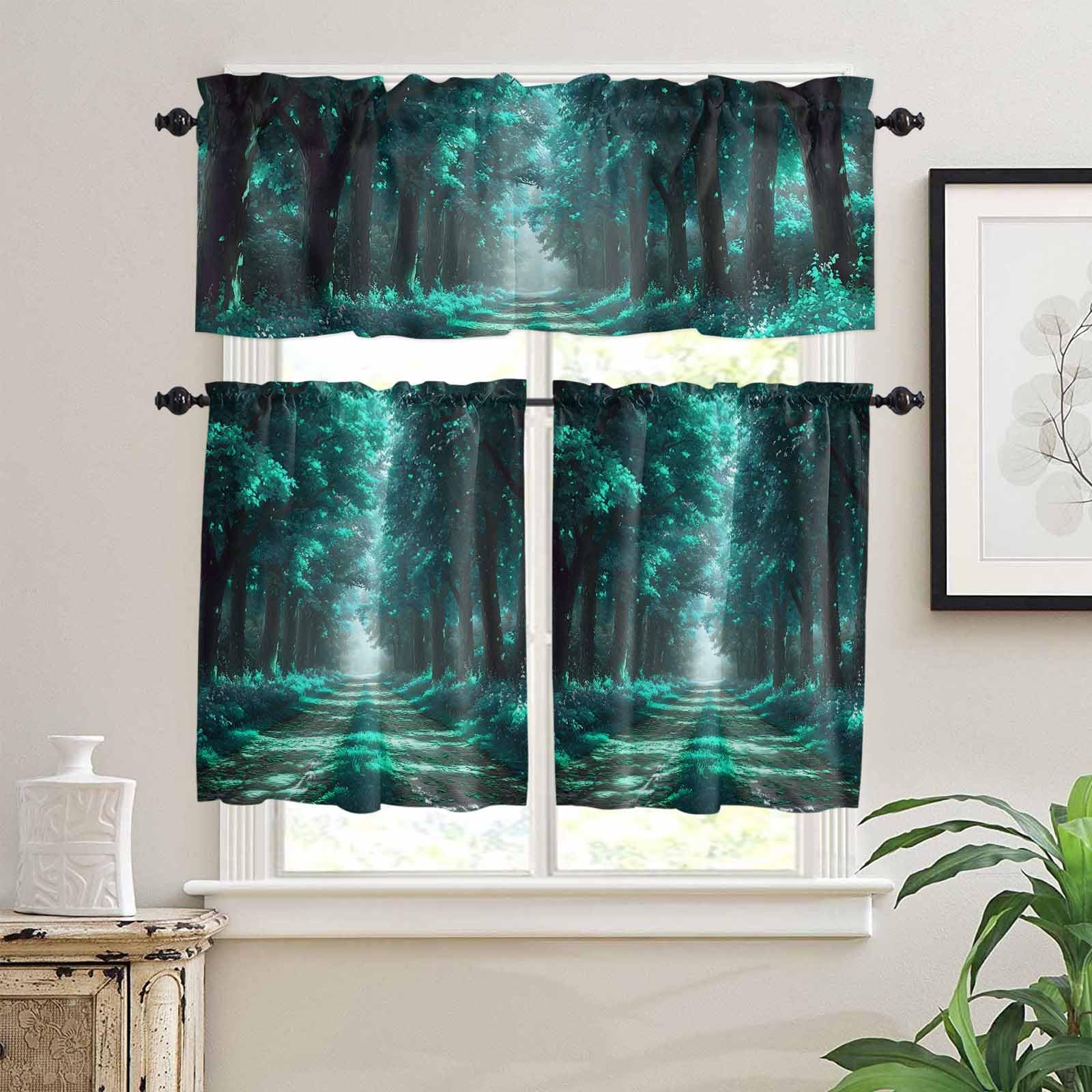 Aque Trees Kitchen Curtains 36 Inch Length,3 Piece Rod Pocket Small Half Tiers and Valance Set,Forest Art Decor Spring Summer Nature Leaf Small Large Window Treatment Decor for Bedroom/Bathroom Sink