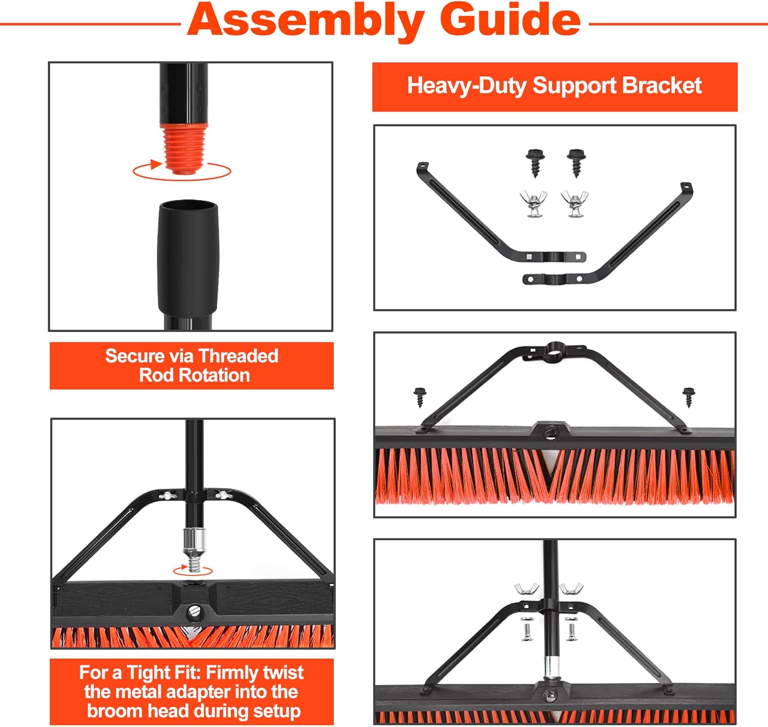 JEHONN 24” Wide Push Broom Outdoor Heavy Duty with 63 inches Long Handle, Stiff Bristle Commercial Industrial Brush for Garage Warehouse Shop Garden Patio Deck Yard Street (Red)