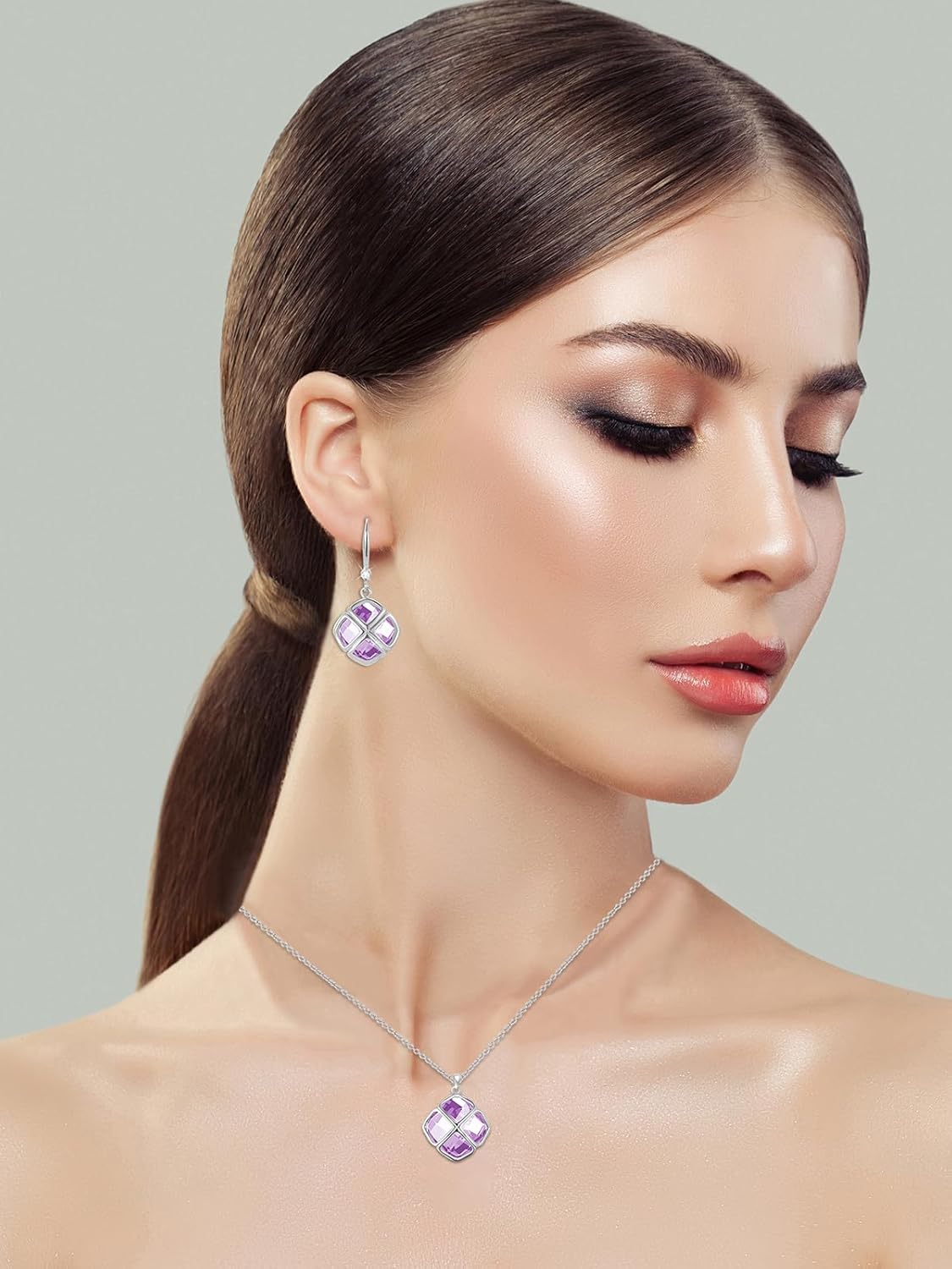 Crystal Pendant Necklace Earrings Sets for Women 14K Glod Plated Jewelry