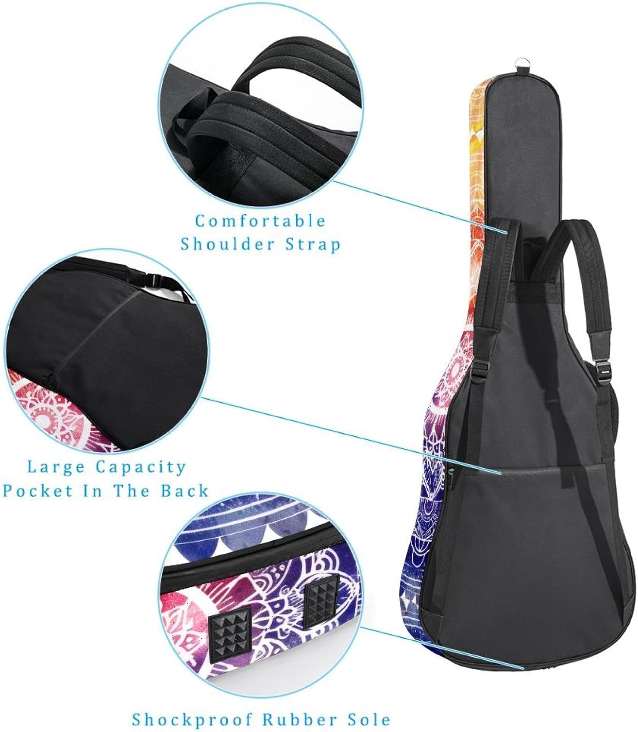 40 41 42 Inch Acoustic Guitar Bag, 0.4 In Thick Sponge Padded Guitar Case Gig Bag with Back Hanger Loop and 2 Pockets, Colorful Watercolor Mandala