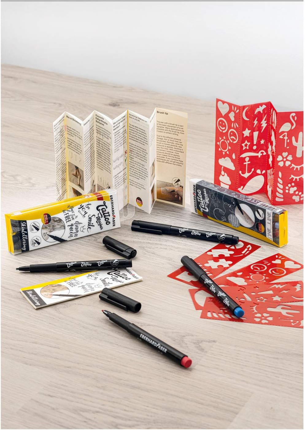 Eberhard Faber 559505 Tattoo Pens Set of 4 Including 4 Stencils with Over 20 Motifs Red Blue Brown Black Washable Dermatologically Tested for Creative Design of the Skin 0.5 mm - Image 4