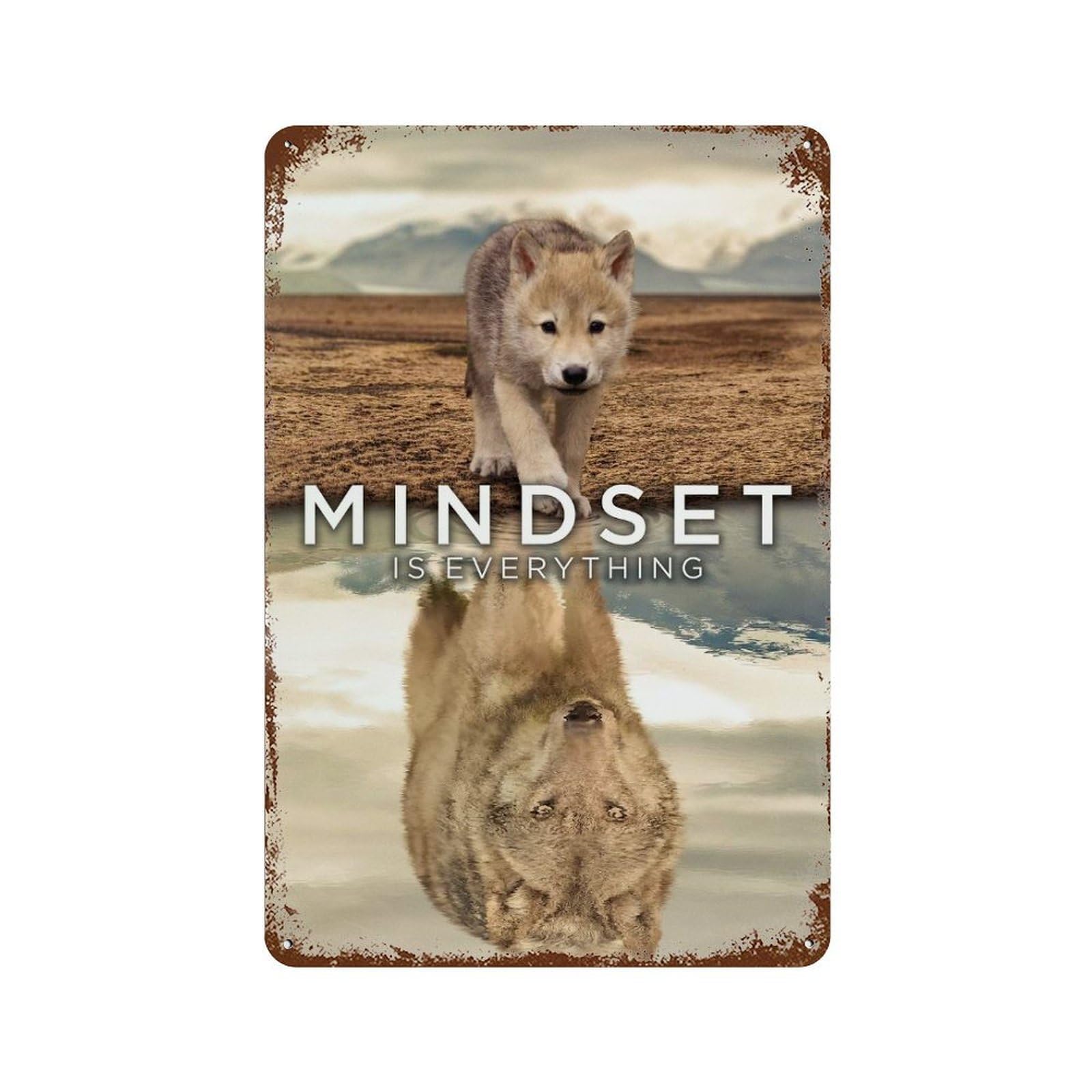 Decorative Tin Sign with Mindset Is Everything Wolf Design 11.8"x7.9", for Farmhouse, Kitchen And Entryway Decor, Old School Wall Decor