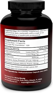 Divine Bounty D-Mannose Capsules - 600mg D Mannose Powder per Capsule with Cranberry and Dandelion Extract to Support Normal Urinary Tract Health - 120 Veggie Capsules