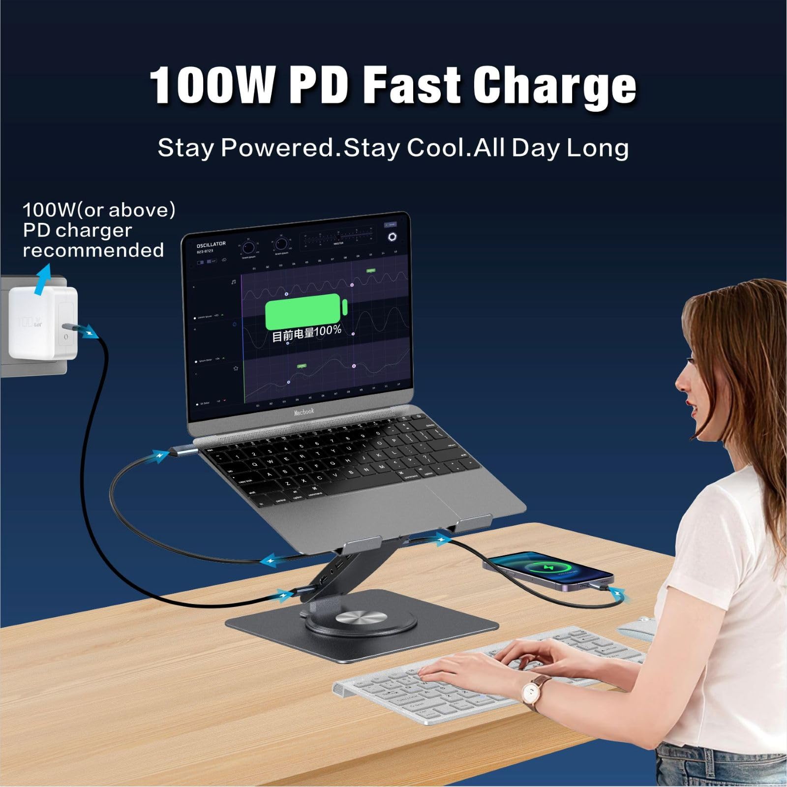 Hub USB-C Supporto per laptop con ventola, Riser per laptop in alluminio con docking station 9-IN-1, HDMI 4K a 60Hz, ricarica PD da 100 W, USB 3.0, audio da 3,5 mm, girevole a 360°, per MacBook Pro