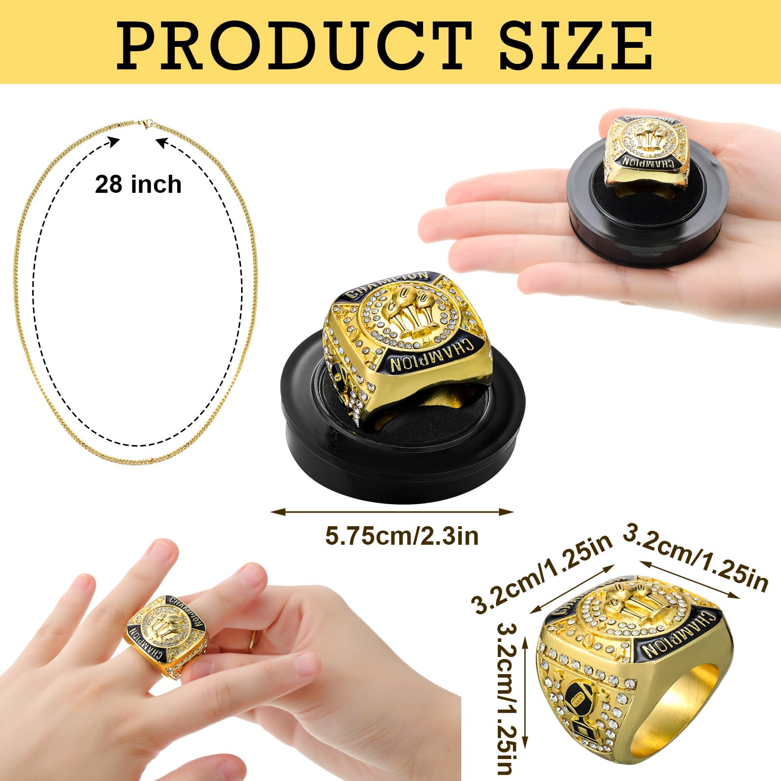 Trnayi 6 Pack Fantasy Football Ring Football Champion Rings Size 11 Football Champion Trophy Rings Sport Award Gift with Display Stand Box Neck Chain for Football Tournament League Winner(Gold)