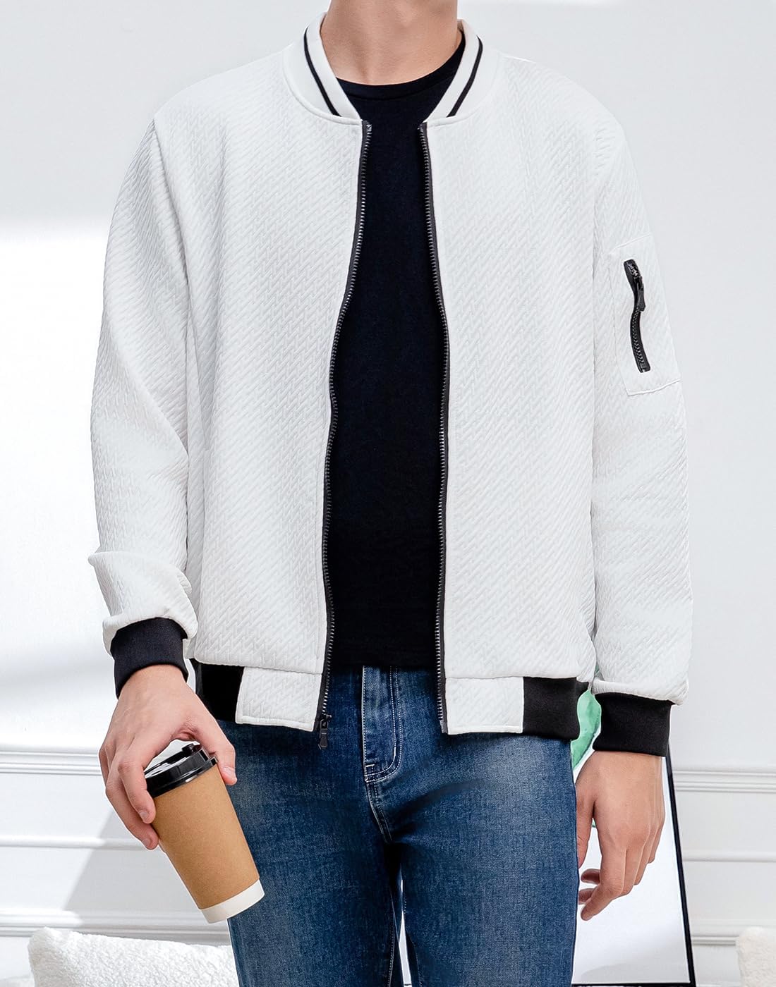 Mens Casual Jacket Loose Fit Lightweight Jacket Varsity Bomber Jacket with Zipper - Image 2