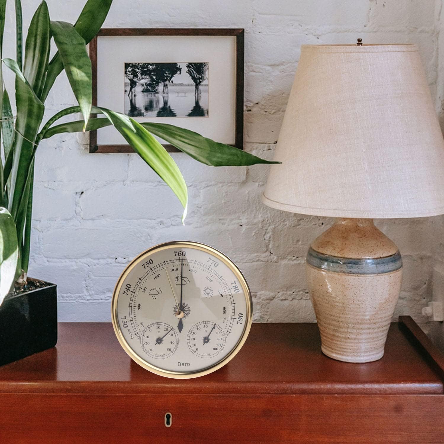 Barometer, Gold 3 in 1 Home Wall Mounted Barometer, Thermometer, Hygrometer, Weather Station Hanging Pressure Gauge, Indoor and Outdoor Humidity and Temperature Measurement