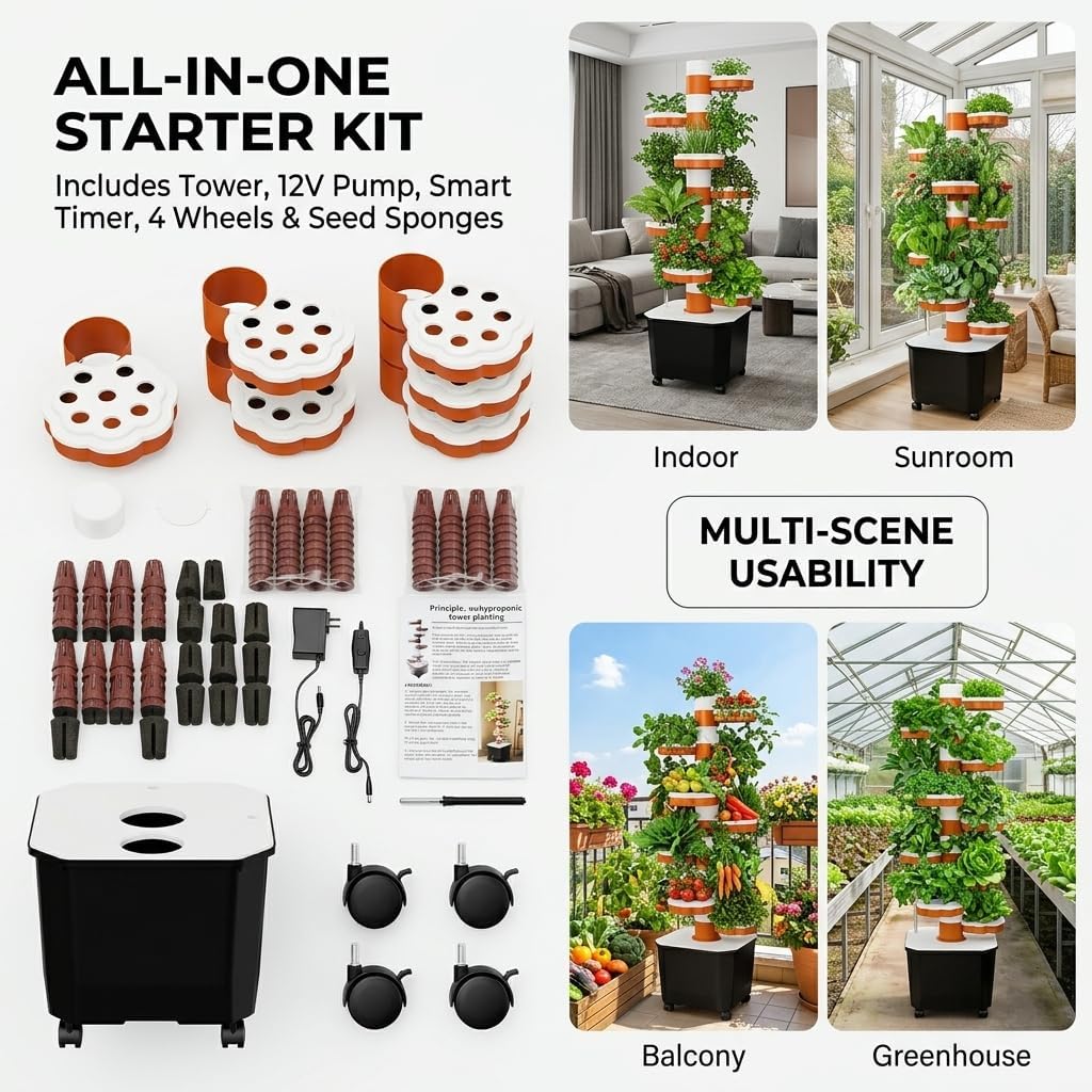 Image displaying all components included in the MQHUAYU Vertical Hydroponic Tower Garden starter kit, such as tower sections, pump, wheels, and seed sponges.