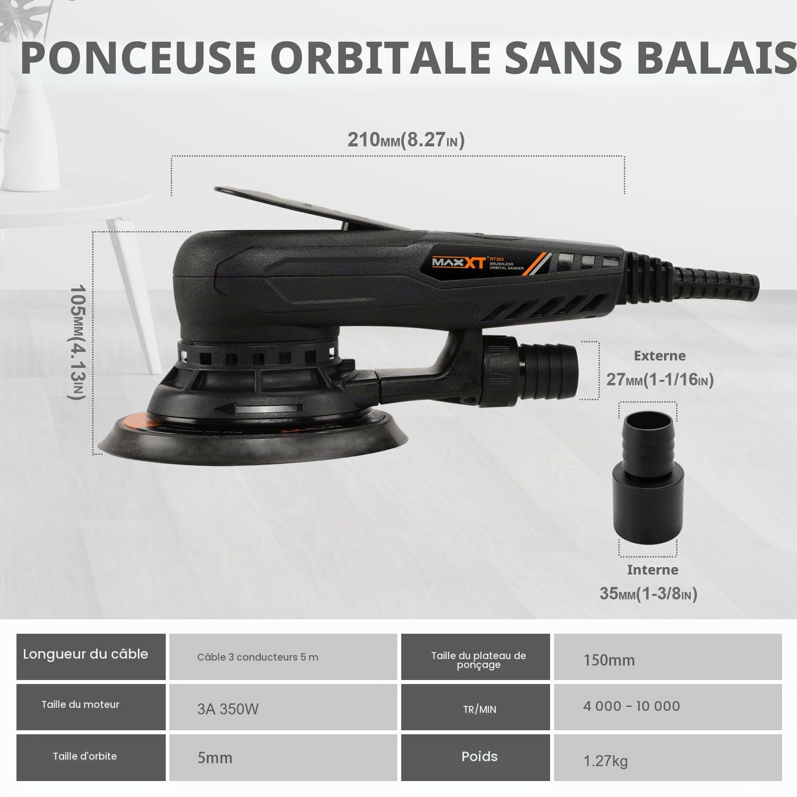 Ponceuse Excentrique Polyvalente MAXXT 230V : Pads de Soutien 125mm & 150mm, Ponceuse Électrique Sans Balai avec Vitesse Réglable, Parfaite pour les Surfaces en Bois