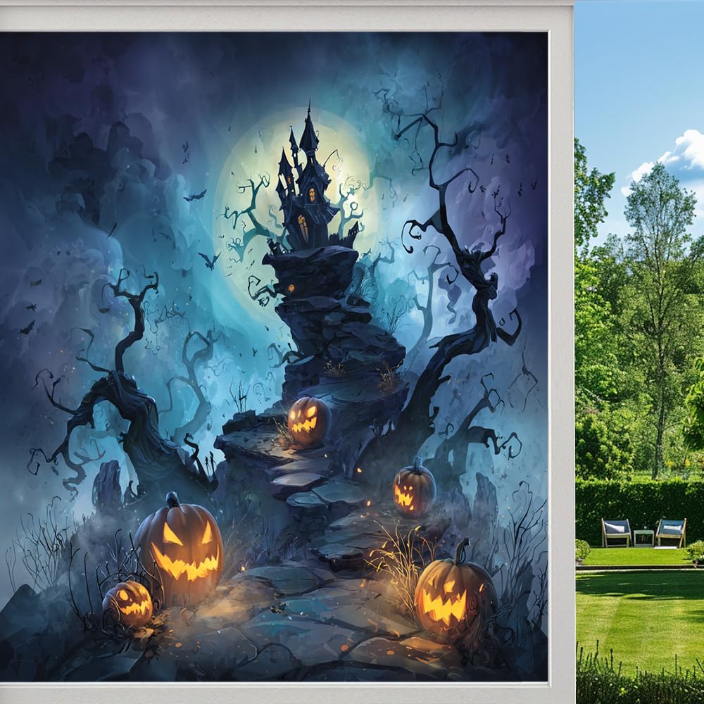 Horror Halloween Pumpkin Privacy Window Film, Gothic Castle Night Frosted Self-Adhesive Vinyl Cling for Glass Doors Bathroom Windows Sun Blocking Heat Control, （55x100cm）