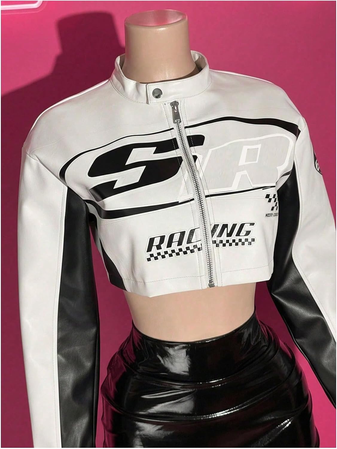 GORGLITTER Women's PU Leather Cropped Jacket F1 Racer Varsity Jacket Zip Up Color Block Graphic Motorcycle Biker Coats