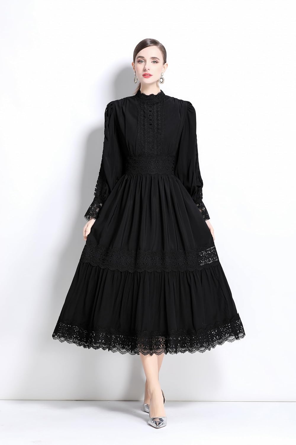 LAI MENG FIVE CATS Women's Vintage Mock Neck Lantern Sleeve High Waist Lace Trim Hollow Out Tiered Maxi Dress - Image 6