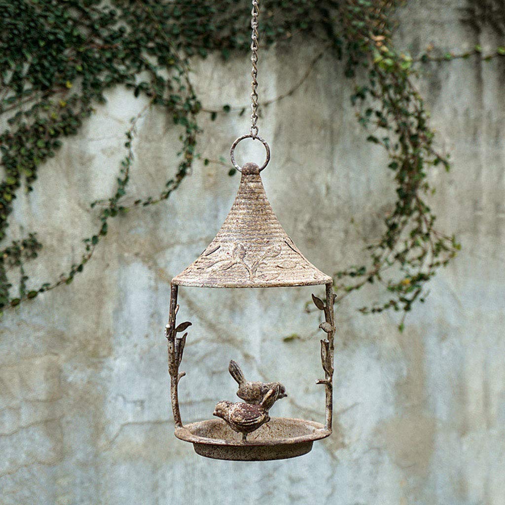 Baño de metal para pájaros con cadena colgante y dos pájaros decorativos para pájaros silvestres al aire libre, comedero para patios, comederos
