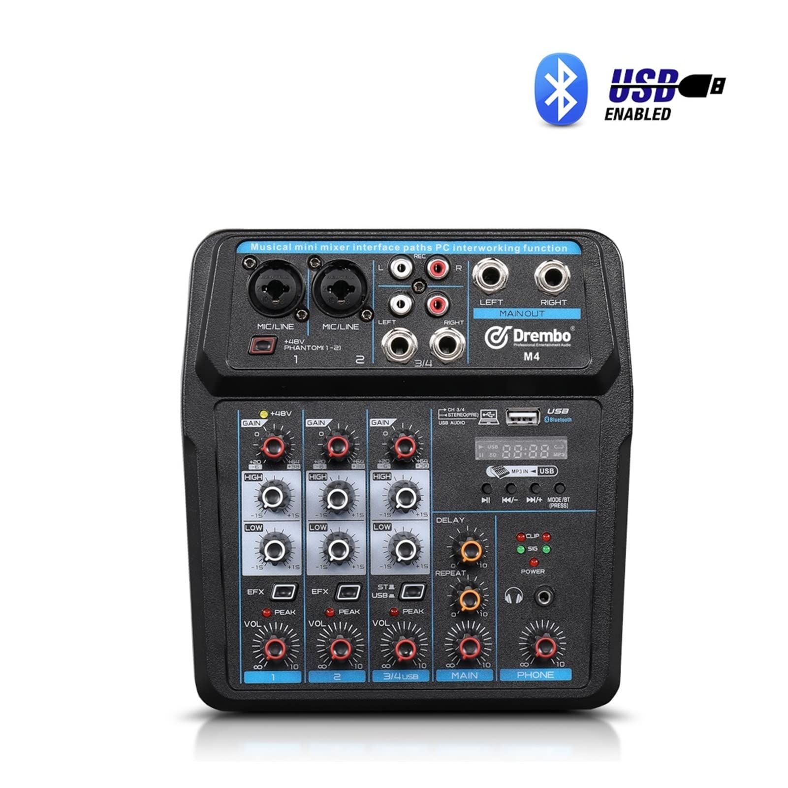 Kontroler miksera DJ M-4/6 Protable Mini Mixer Audio DJ Console with Sound Card, USB, 48V Phantom Power for PC Recording Singing Webcast Party do streamingu/podcastów/gier, telefonu, komputera(M4)