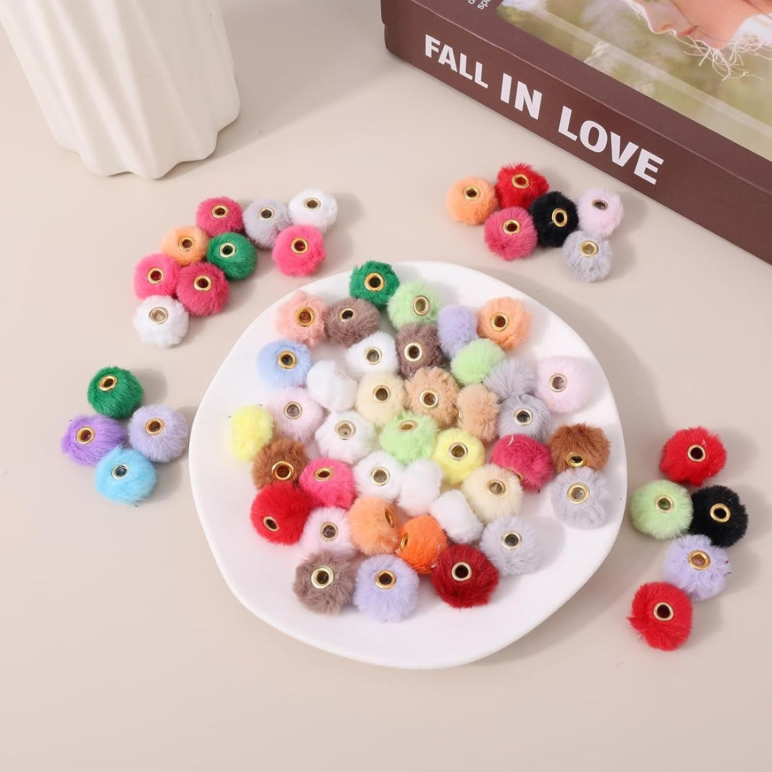 JMCRATE Pom Pom Beads 80PCS Mixed Color Soft Puff Beads for Pens Fluffy Fuzzy Beads Faux Fur Poms Spacer Beads Bulk for DIY Jewelry Key Chain Handicrafts Pens Craft Accessories(Fuzzy)