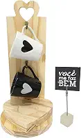 Kit Suporte Jogo Caneca Xícara Café Coração Namorados Casal (Preto e Branco)