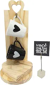 Kit Suporte Jogo Caneca Xícara Café Coração Namorados Casal (Preto e Branco)