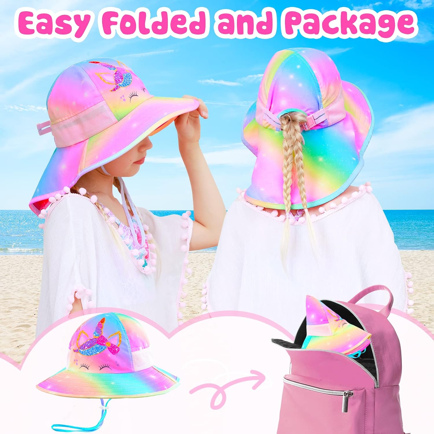 Girls Sun Hat for Kids UV Protection Unicorn Summer Hat Beach Play Hats Wide Brim Neck Flap for Girls Ponytail Hat 2-9 Years