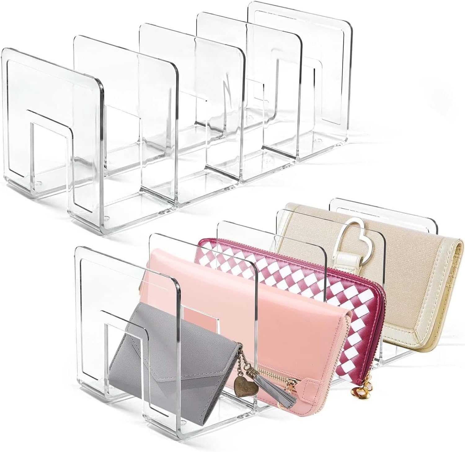 FLOVESUNS 2pcs Clear Plastic Purse Handbag Organizer,2 Sections Bag Closet Shelf Divider Purse Display Stand Handbag Storage Organizer Clear Desk File Sorter Stand Holder Bookshelf (Transparent)