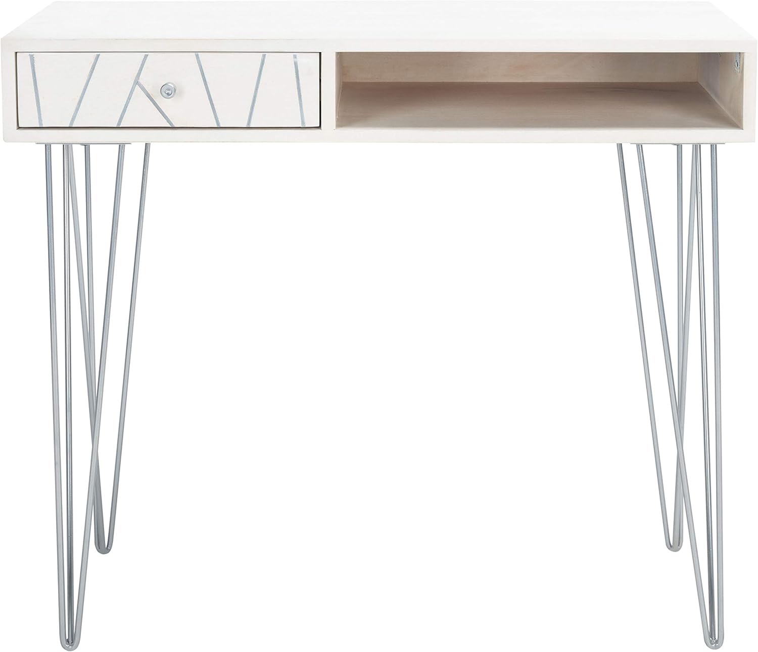 SAFAVIEH Home Office Collection Marigold White Wash and Silver 1-Drawer Hairpin Leg Desk