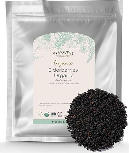 Starwest Botanicals Bayas de saúco orgánicas – Bayas de saúco secas para jarabe, té, gomitas y mermelada, apoyo inmunológico natural, certificado