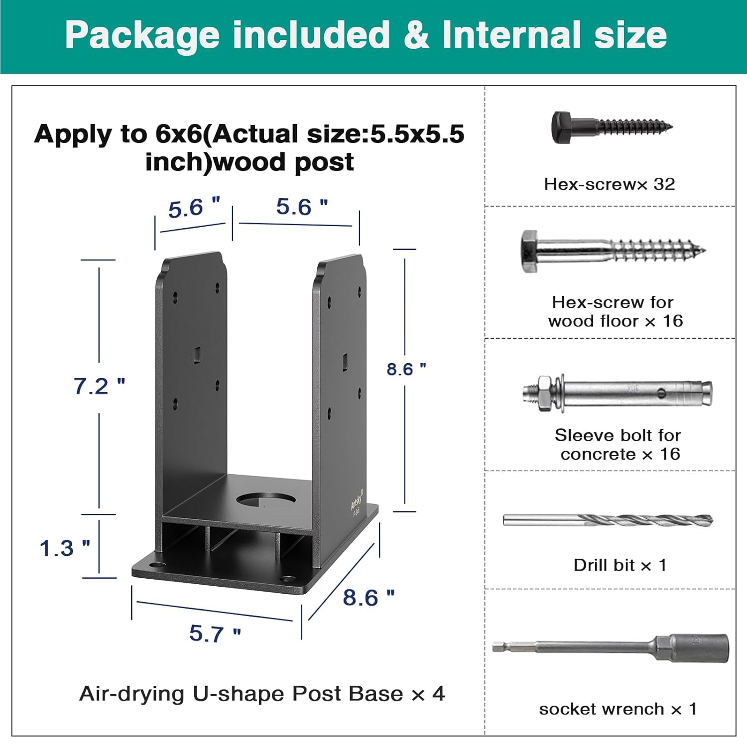 6x6 Post Base, Heavy-Duty Stainless Stee Powder-Coated Fence Post Anchor Base with Air Flow Channel for Decks, Fences, Mailboxes, Gazebos, 4PCS