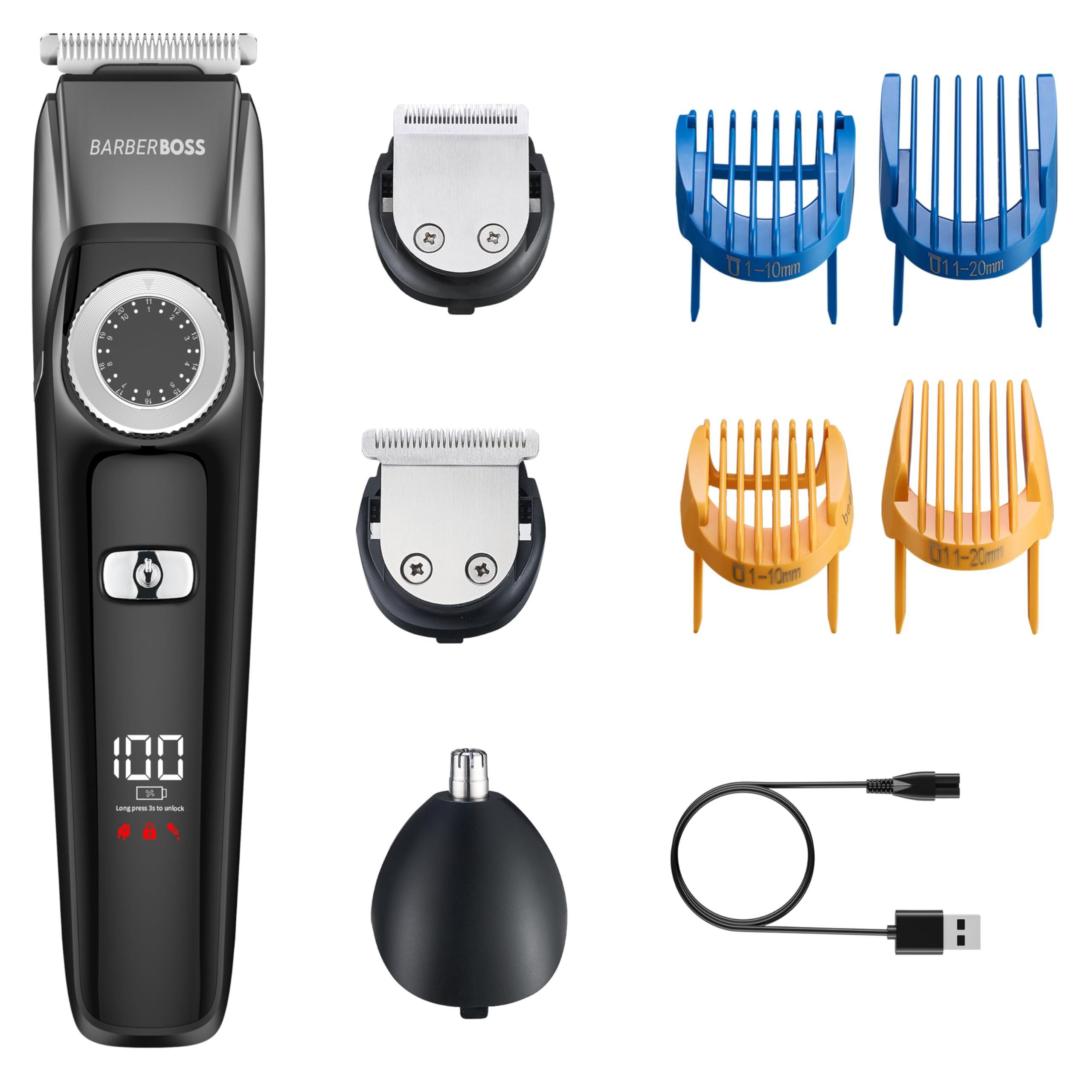 BarberBoss All-in-One Grooming Set for Men – Cordless Beard & Hair Trimmer with Nose & Ear Clipper, Rechargeable Clippers for Face and Body, Waterproof, USB Charging
