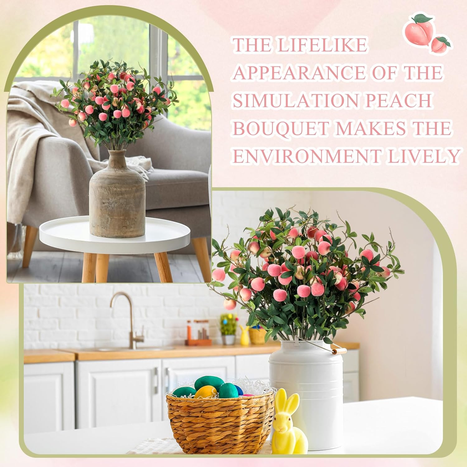 20 Pcs Artificial Peach Branches 27 Inch Realistic Artificial Peach Fruits with Green Leaves Simulation Branches Decoration for Vase Home Party Decoration