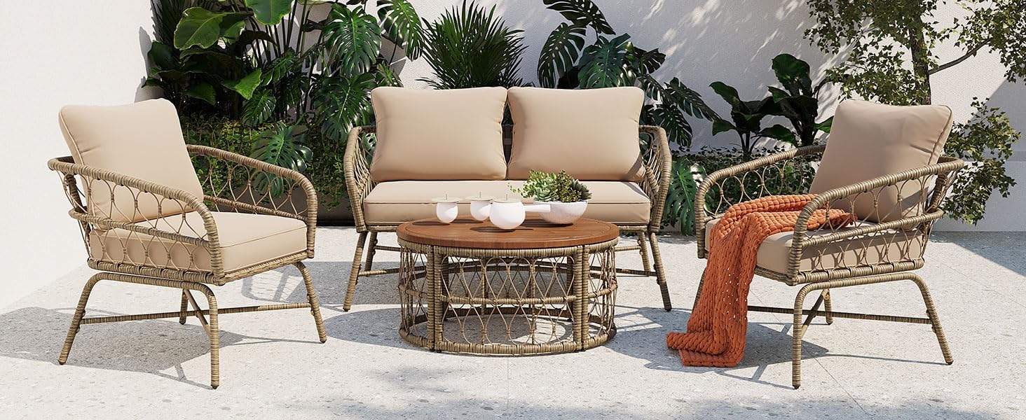 4-Person Patio Seating Group with Removable Cushions and Oval Acacia Wood Tabletop, Boho-Inspired Outdoor Conversation Set in Beige