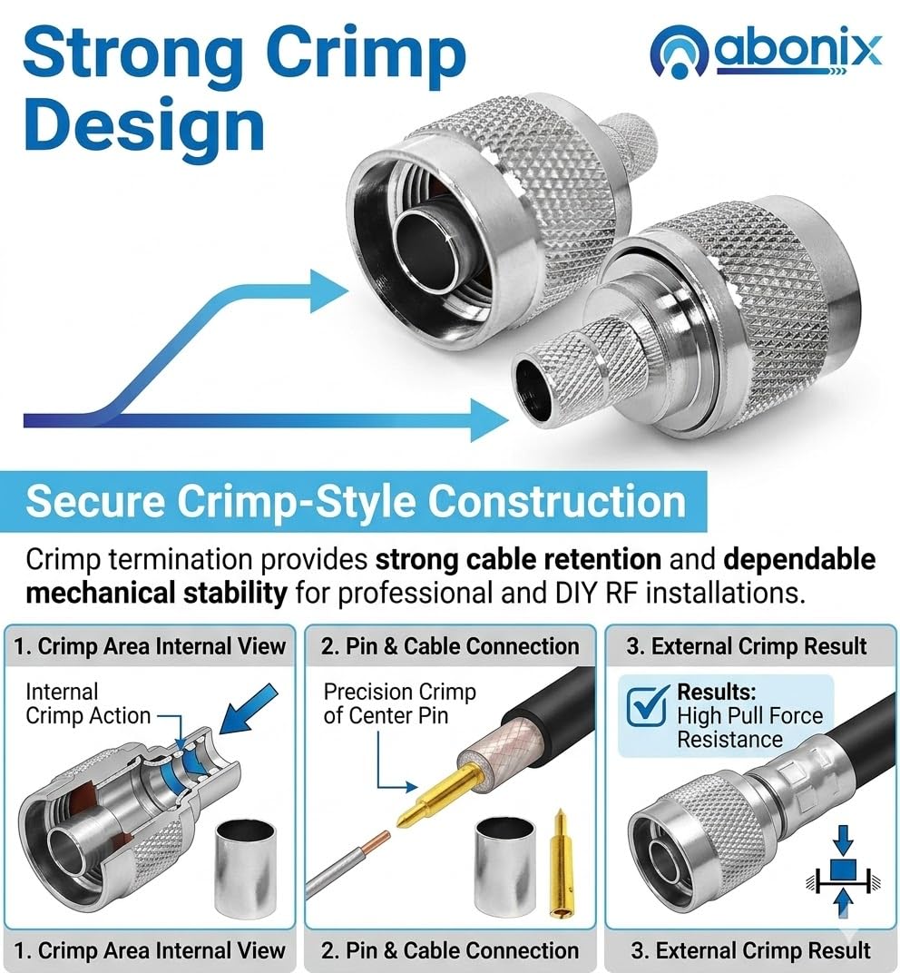 ABONIX N Male Crimp Connector N Type Plug Adapter for Cable HLF-300 and LMR-300 RF Coaxial Connector (Pack of 2) 4