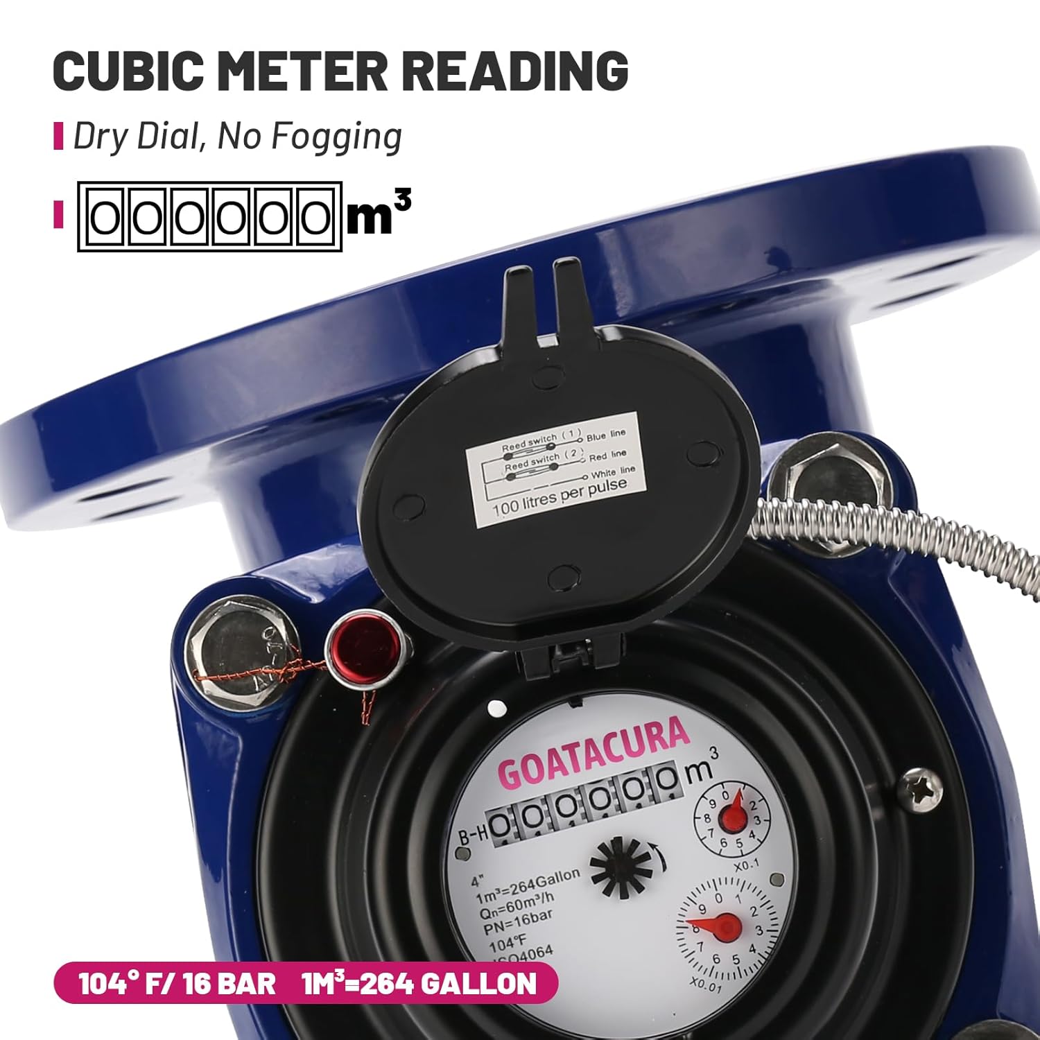 4" Woltmann Helix Water Meter, Pulse Output, Epoxy-Coated Cast Iron, Accuracy Class B, Resistant Seals, Cubic Meter, Non-Potable Use