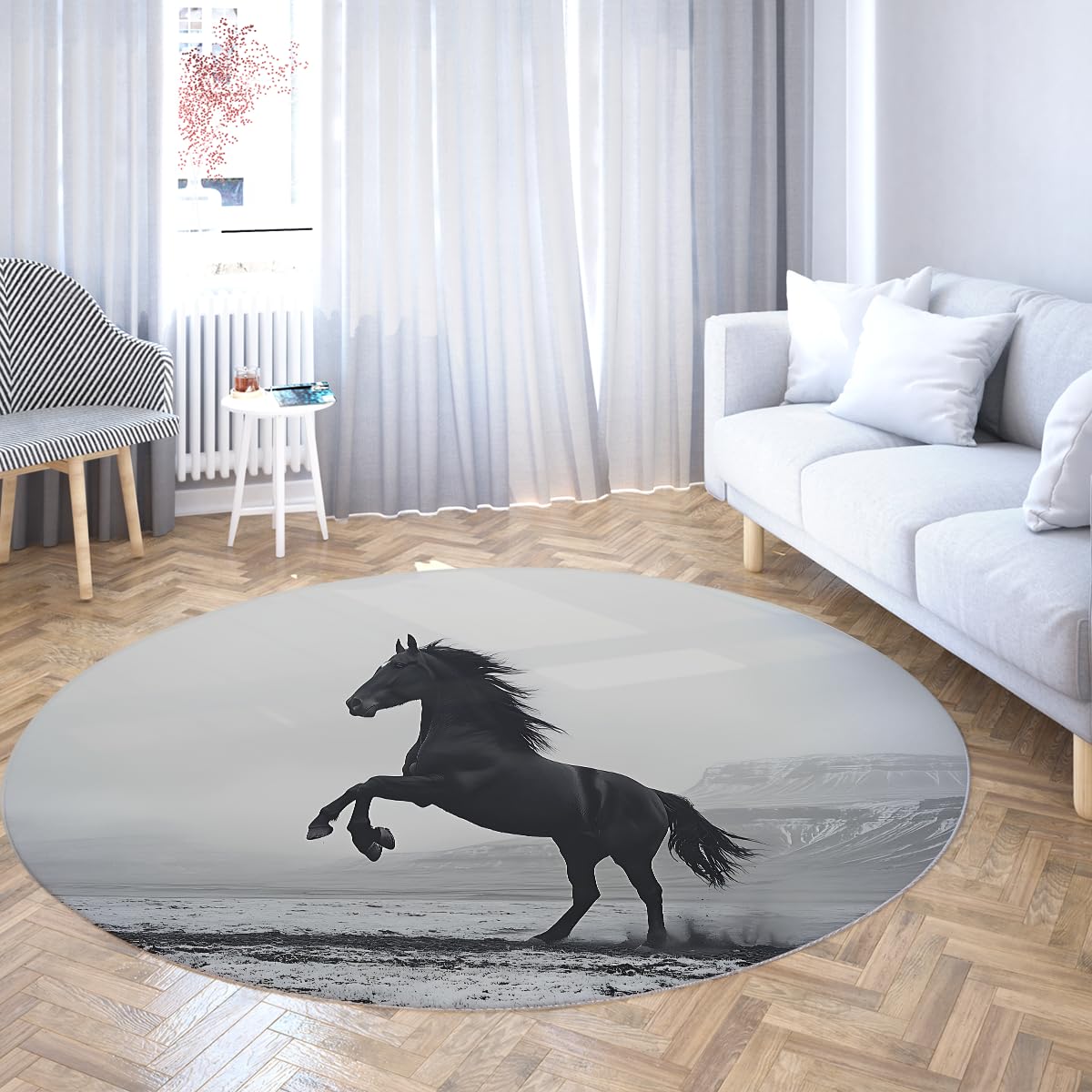Realistic Black Horse Round 100cm Tapis Ronds Modernes pour Salon Animaux Facile Nettoyer Chambre Assise carpette Fine Descente de lit Pliable