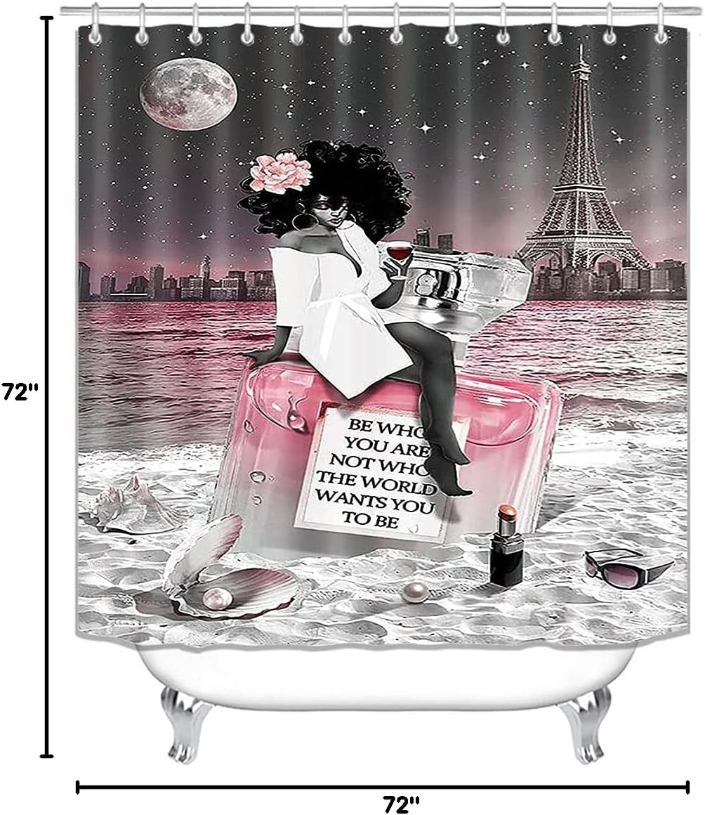 4PCS Sexy Black Girl Shower Curtain Set, Inspirational Quotes African American Woman Full Moon Starry Sky Eiffel Tower Beach Perfume Fashion Bathroom Decor, Non-Slip Bath Mat, Be Who You are