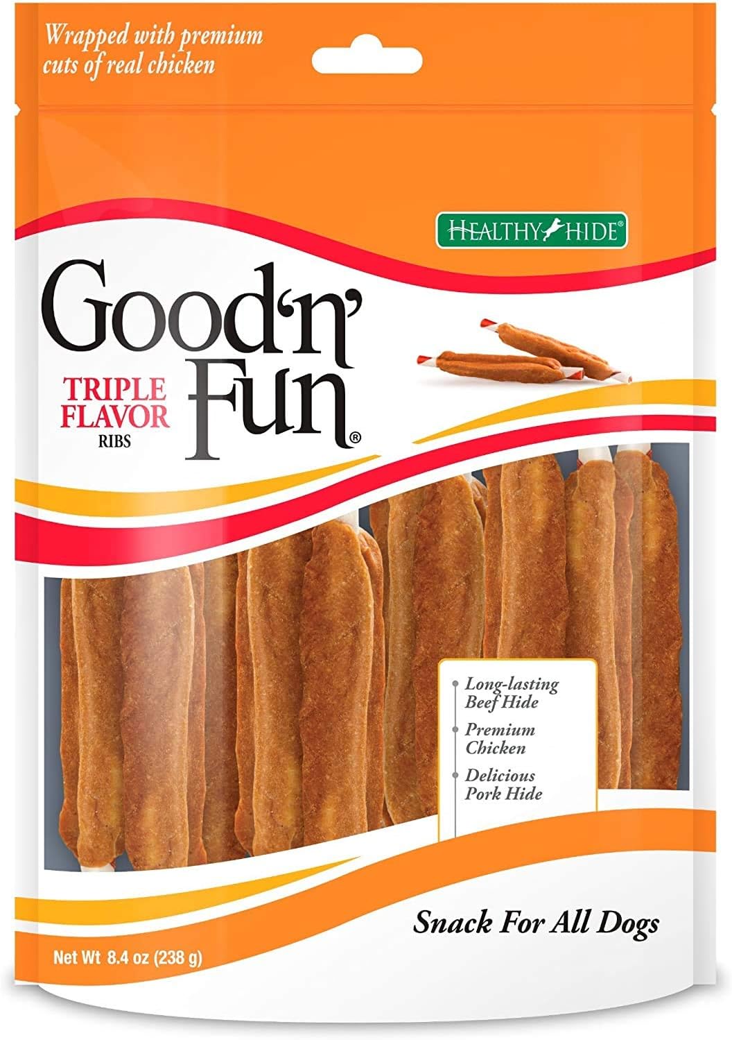 Healthy Hide Good 'n' Fun Triple Flavor Ribs Rawhide, Chicken & Pork Hide 8.4 oz