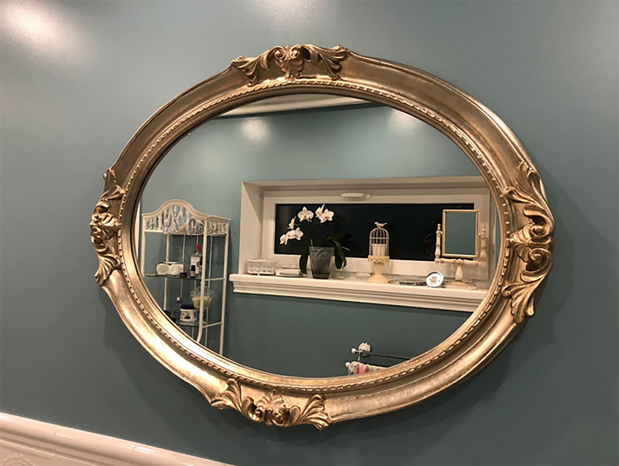 MO.WA Specchio da Parete Ovale 63x83 Specchiera foglia argento cornice legno Made in Italy Specchio classico barocco muro Specchiera barocca Specchi arredo camera da letto ingresso bagno