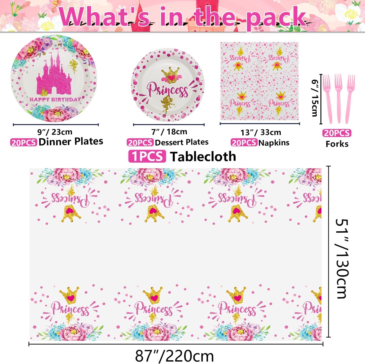 Princess Party Decorations - 81pcs Castle Decorations Including Pink Paper Plates, Napkins, and Tablecloth for Belle Birthday Party Decorations Party Supplies, Serve 20 image 2