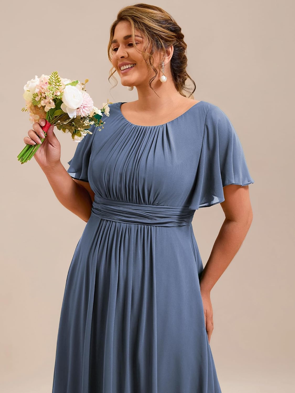 Ever-Pretty Plus Elegant Formal Dresses for Curvy Women Round Neck Short Sleeves Chiffon Bridesmaid Mother of The Bride Dress