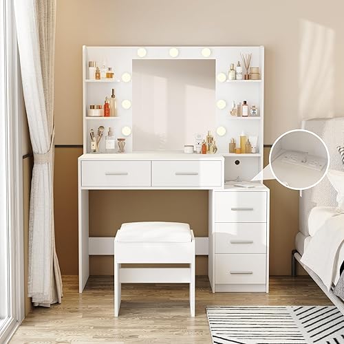 Vabches Escritorio de maquillaje blanco con espejo y luces, mesa de tocador con cajones grandes y estantes de almacenamiento, juego de tocador para